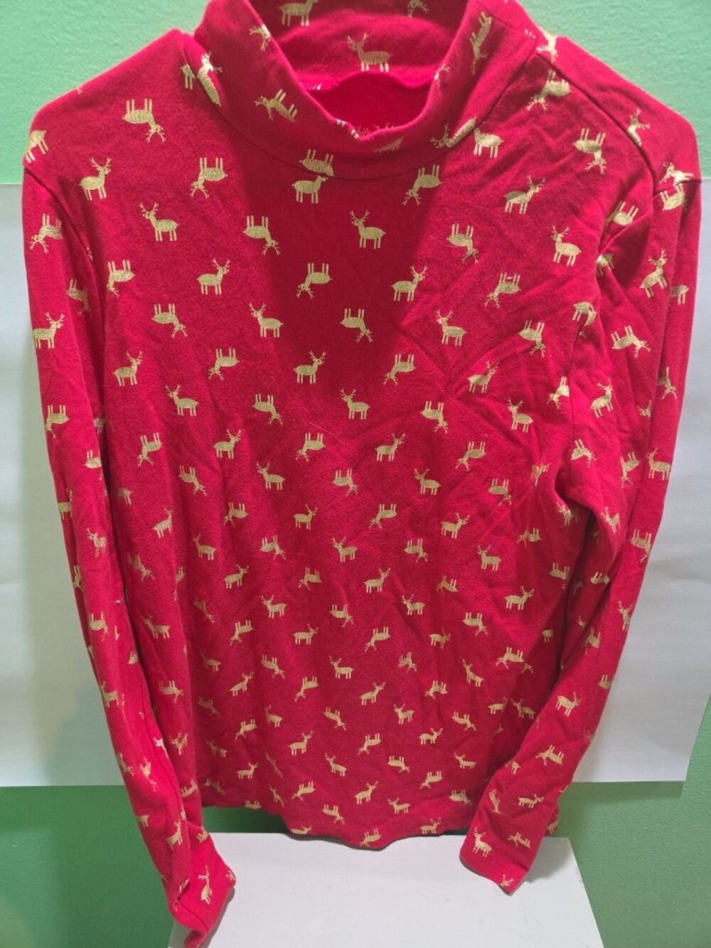 White Stag Christmas Shirt L Red Reindeer Pattern Cotton Mock Neck Holiday